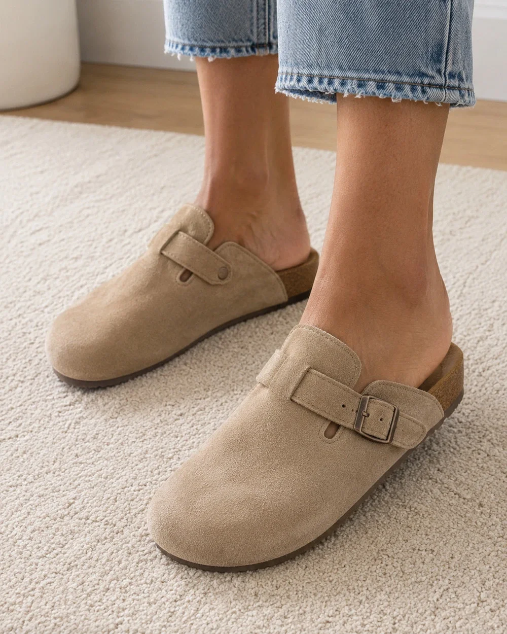 NEW Tan Clog Slides Suede Slip-On Sandals Buckle Comfort Size EU 40/US 7